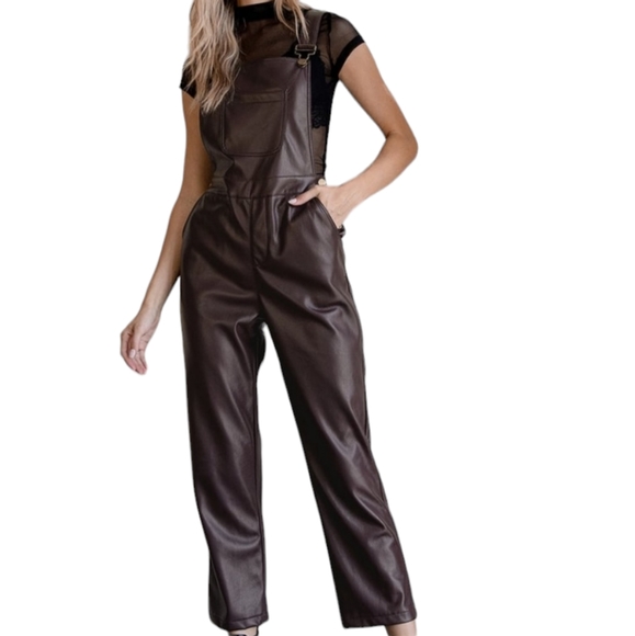 Lulus Modern Charm Vegan Leather Overalls Plum Purple Sz XS - Picture 2 of 15